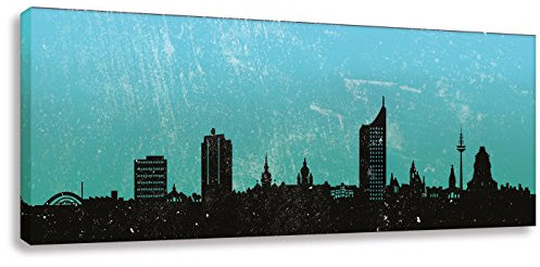Kunstbruder Wandbild Kunstdruck auf Leinwand/Skyline Leipzig Türkis (div. Größen) Bild fertig auf Keilrahmen ! Graffiti Like Banksy Art Gemälde Leinwandbild Bilder (40x120cm)