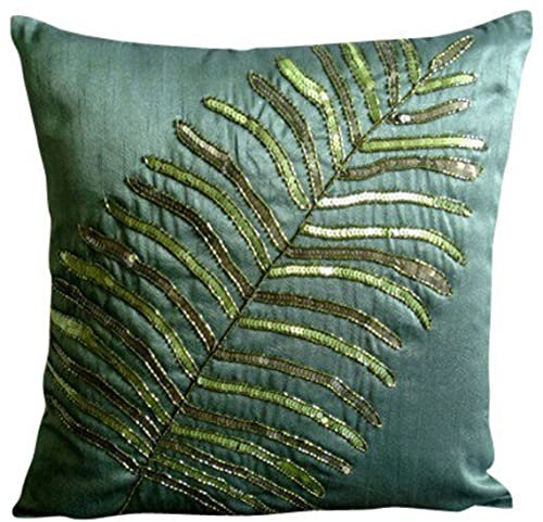 The HomeCentric Floating Leaf - 40 x 40 cm EIN gruner Seiden Kissenbezug mit Pailletten Stickerei
