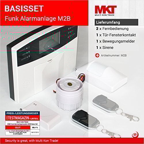 Multi Kon Trade M2B GSM Funk Alarmanlage Haus mit LCD Display – Alarmanlagen Komplett-Set mit Bewegungsmelder, Tür- & Fensterkontakt, erweiterbares Alarmsystem mit Fernsteuerung, inkl. APP (Basic Kit)
