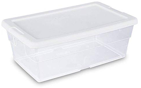 Sterilite 6 Qt Storage Box, Stackable Bin with Lid, Plastic Container to Organize Shoes and Crafts on Closet Shelves, Clear with White Lid, 1-Pack