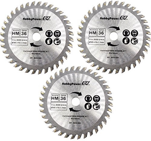 3 Stück Mini Handkreissäge 3er-Set HM Sägeblatt Holz Ø 85x10mm 36 Zähne für Pattfield PE-600 MHKS2