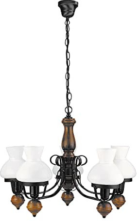 Brauner Echt-Holz Kronleuchter Metall Glas Landhaus 5-flmg Esstisch Wohnzimmer Hängeleuchte Lampe