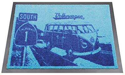 BRISA VW Collection - Volkswagen Fuß-Matte-Tür-Vorleger-Schuh-Schmutzfang-Abstreifer mit T1 Bulli Bus Motiv (Highway/Blau)
