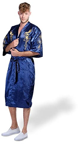 Secret Collection Mens Silk Bath Robe Kimono Dragon Embroidery, Blue, M