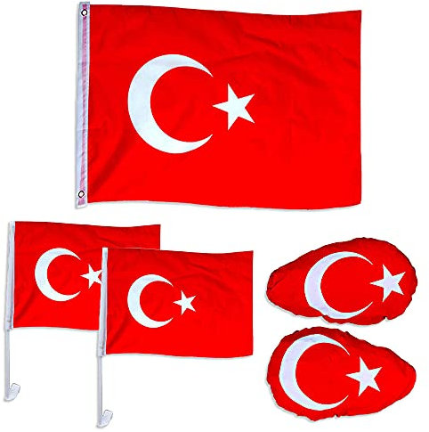 Murago - 5 teiliges Fanset für Auto - Türkei Türkiye Bayrak Fahne Flagge Fußball EM Fanartikel Spiegelfahne Autofahne Dekoration