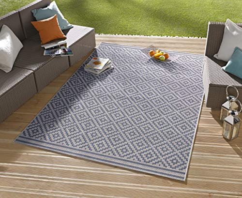 NORTHRUGS In- und Outdoor Teppich Raute 160x230cm - Wetterfest Modern Geometrisches Raute Muster Allover Design Läufer für Balkon Terrasse Garten Wintergarten Wohnzimmerteppich Wasserfest Blau Creme