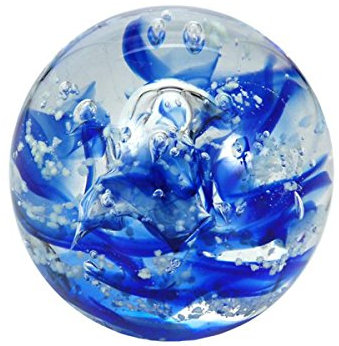 Pfrontenschmuck Traumkugel klar Blaue Streifen fluorieszierend (161), Glaskugel, Briefbeschwerer, Wunschkugel ca. 9,0-10,0 cm