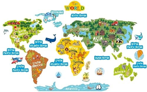 lepni.me Wandtattoo Bildung Aufkleber für Kinder – Lustiges und buntes Weltkarte-Poster Geographie & Tierkunde– die Welt kennenlernen Vinyl Wandsticker Deko (110 cm. / 55 cm)