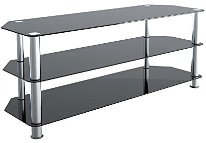 mahara Glass Corner TV Stand – Universal Black Glass TV Unit 125cm wide with Glass Shelves – TV Floor Stand Suitable for up to 60” TVs and Max Weight 45Kg