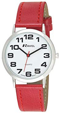 Ravel - Montre Bracelet Unisexe Facile à Lire avec de Gros Chiffres - Cadran Rouge/Ton argenté/Blanc
