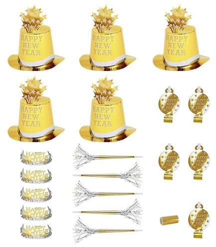 Widmann 8001E- Party-Set Happy New Year, Gold, Set aus 5 Partyhüten, 5 Kronen, 5 Partytrompeten, 5 Tröten und 1 Pack Luftschlangen, Silvester, Hut, Kopfschmuck, Accessoire, Mottoparty