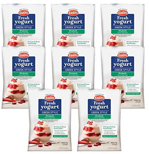 EasiYo Joghurtpulver Rhabarber nach griechischer Art, 8 Beutel | Jeder Beutel ergibt 1 kg Joghurt