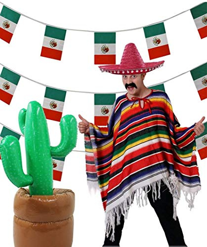 I LOVE FANCY DRESS JUEGO DE FIESTA MEXICANA SOMBRERO ROJO + PONCHO MULTICOLOR + BUNTING DE BANDERA MEXICANA + CACTUS INFLABLE. IDEAL PARA: CINCO DE MAYO | MARDI GRAS | EVENTOS TEMÁTICOS MEXICANOS
