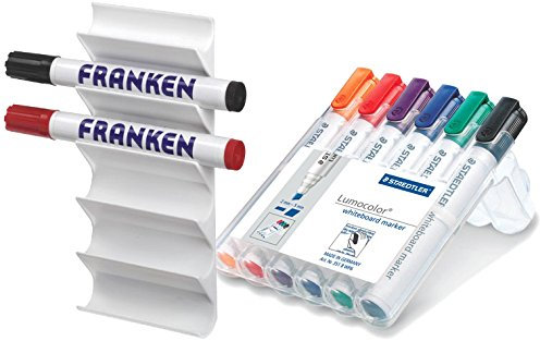 FRANKEN Z1986 Tafelschreiber-Halter für 6 Marker, Kunststoff magnetisch + 6 Whiteboardmarker Sortiert Keilspitze