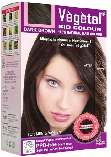 Vegetal Bio Colour Dark Brown 50g, 100% Herbal and Organic Hair Color, Ammonia-Free, PPD-Free, Semi-Permanent Dye for Men and Women, Protects UV and Maintains Luster, Complete Kit Included