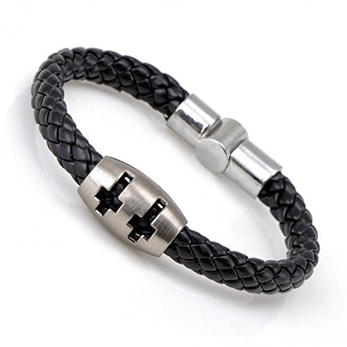 Gemini Armband (schwarz), 1x Element mit Kreuzen, hochwertiges Leder, polierter Edelstahl Magnetverschluss, maskulines Design für Boys, Girls, Herren, Damen, Unisex, 20,3 cm (Länge)