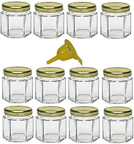 Viva Haushaltswaren - 12 x Mini Einmachglas 47 ml mit goldfarbenem Deckel, sechseckige Glasdosen als Marmeladengläser, Gewürzdosen, Gastgeschenk etc. verwendbar (inkl. Trichter Ø 12,3 cm)