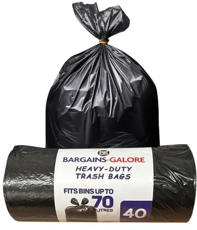 Pack of 40 Refuse Sacks - Heavy Duty 70L Black Bags | Strong & Secure | Garden Waste, Household, Office, Kitchen & Caterers - Everyday Bin Bags, Bin Liners, Flat Top, Recycled, Tear Resistant