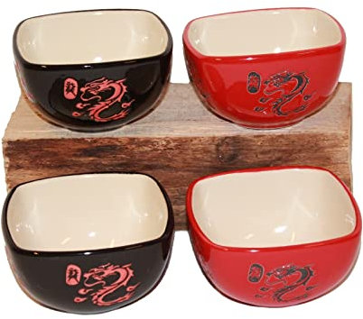 AAF Nommel®, Reisschale eckig Dessert Suppenschale Servierschale aus Porzellan im 4 er Set 029 schwarz rot