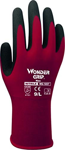 Wondergrip - Neo - WG-1857W Safety Gloves - Single Nitrile Coating - Thin and Light Liner - High Grip & Ergonomic Fit - For Dry-to-Oily Conditions - Red - Medium