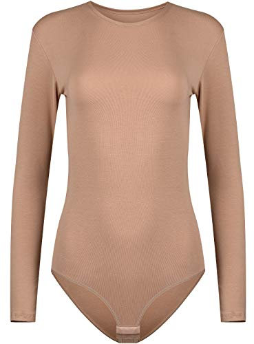 Evoni Damenbody | Overall Bodysuit mit Rundhals für Frauen | Langarm-Body in verschiedenen Farben | Optimale Alternative für Sport & Freizeit | Eleganter Jumpsuit(XX-Large, Hellbraun)