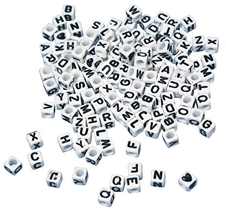 Rayher Plastik-Buchstaben-Perlen Würfel, weiß, 5 x 5 mm, 4seitig schwarze Buchstaben, 40 g, lutsch- und speichelecht, Perlen für Schmuck und zum Basteln, 1610102