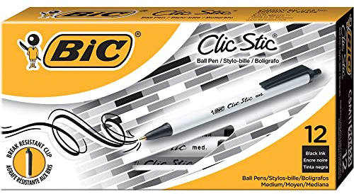BIC® Clic Stic® Retractable Pens, Medium Point, 1.0 mm, White Barrel, Black Ink, Pack Of 12