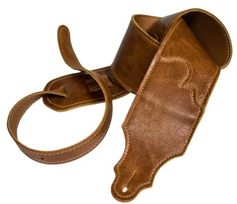 Franklin Strap - 3 Premium Aged Leather with Leather backing - Guitar Strap - Cognac with Natural Stitching