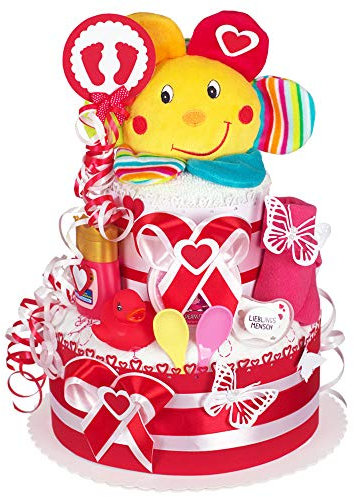 MomsStory - Windeltorte Mädchen | Windelgeschenk Blume-Spieluhr | Baby-Geschenk zur Geburt Taufe Babyshower | Babytorte 2 Stöckig (Rot-Weiß) Geburtsgeschenk