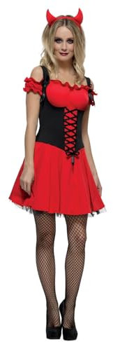 Smiffys Fever Kollektion, Sündhafter Teufel Damenkostüm, Rot, mit Kleid, Unterrock und Hörnern