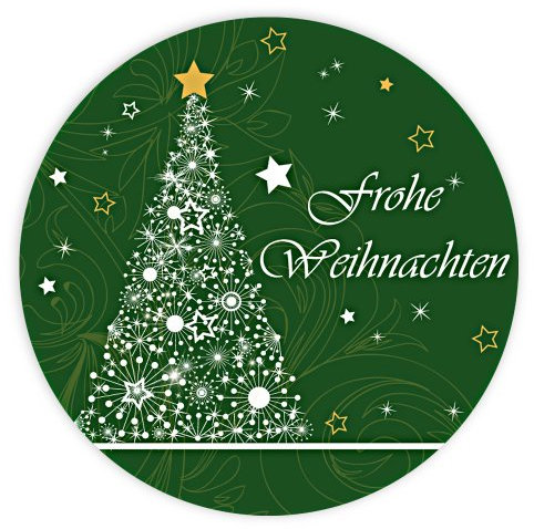 Weihnachtsaufkleber Weihnachtssticker Frohe Weihnachten mit Tannenbaum rund Ø 30 mm, 100 Stück auf Rolle, Haftpapier glänzend
