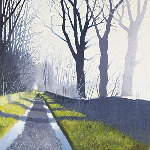 Grußkarte „Morgen im Vorfrühling“, Landschaftsmalerei von Heather BlanchardEine Landschaft mit grünem Gras, einer Straße und kahlen Bäumen.Gedruckt auf hochwertigem strukturiertem Kunstdruckpapier.Unbedruckte Innenseite für alle Anlässe, inklusive weißem Umschlag.