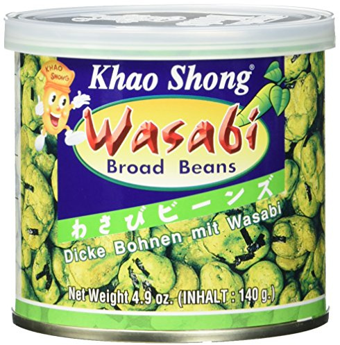 Khao Shong Dicke Bohnen mit Wasabi, knackige Bohnen im scharfem Teigmantel, fettärmere Alternative zu Nüssen, mittlere Schärfe, (6 x 140 g Dose)