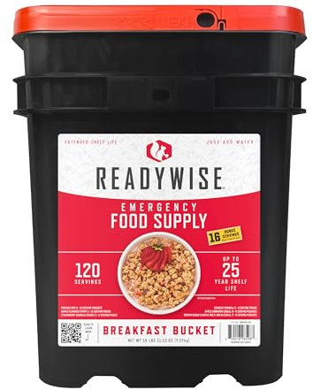ReadyWise, 120 Portionen, Notration, Frühstück, Essensset zum Mitnehmen, 4 Rezepte, Gefriergetrocknet, Langlebige Lebensmittelversorgung, Bis Zu 25 Jahre Haltbarkeit, Notfallnahrung