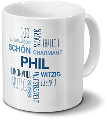 printplanet Tasse mit Namen Phil Positive Eigenschaften Tagcloud - Blau - Namenstasse, Kaffeebecher, Mug, Becher, Kaffeetasse