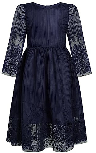 BONNY BILLY Vestito Bambina Elegante Damigella Cerimonia Natale Lungo Tulle Pizzo Manica Lunga 7-8 Anni Blu
