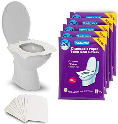 GoHygiene Flushable Paper Toilet Seat Covers, 5 Travel Packs (50 Covers), Each Pack contains 10 Paper Seat Covers, Hygienic, Disposable, Pocket Size, Use in Public Toilets