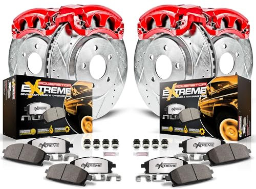 Power Stop Bremssatz für Jeep Wrangler 2007–2018 – Bremssattel vorne und hinten mit gebohrten und geschlitzten Bremsrotoren, LKW- und Abschlepp-Karbonfaser-Keramikbelägen, Ersatz, KC2798-36