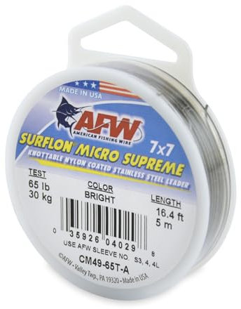 American Fishing Wire Surflon Micro Supreme, Nylon Coated 7x7 Stainless Steel Leader Wire, 65 lb Test, .030 Diameter, Bright, 5 m