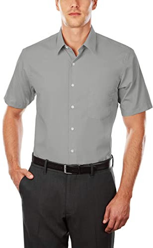 Van Heusen Men's Fit Short Sleeve Dress Shirts Poplin Solid (Big and Tall), Grey Stone, 19 Neck