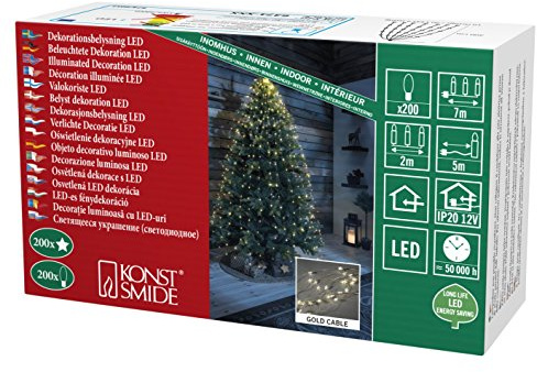 Konstsmide LED Sternenlametta, 10 Stränge à 20 Dioden, 200 warm weiße Dioden, 12V Innentrafo, goldfarbener Draht - 6371-180, 10 Stränge à 20 LEDs