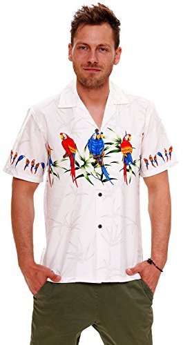 P.L.A. Pacific Legend Original Hawaiihemd Kurzarm Herren Kurzarm Button-Down Front-Tasche Hawaii-Print Papagei Brustdruck