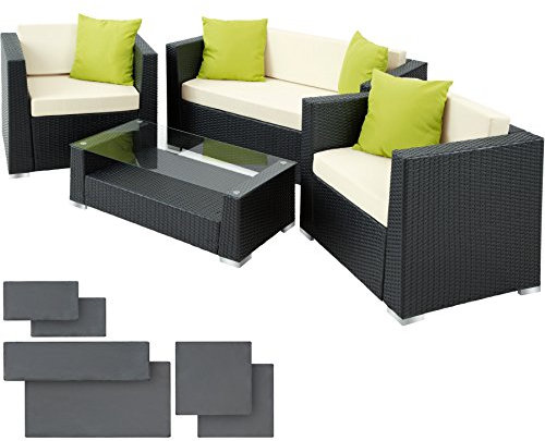 TecTake® Salon de Jardin Exterieur en Poly Rotin & Aluminium 4 Places 1 Canapé 2 Fauteuil Salon et 1 Table de Jardin, 2 Sets de Housses, Mobilier de Jardin pour Amenagement Balcon Terrasse Veranda