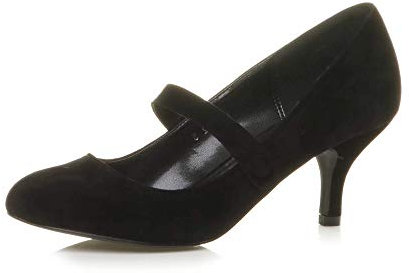 Ajvani Womens Ladies Low mid Heel Mary Jane Strap Work Party Court Shoes, 6 UK, Black Suede