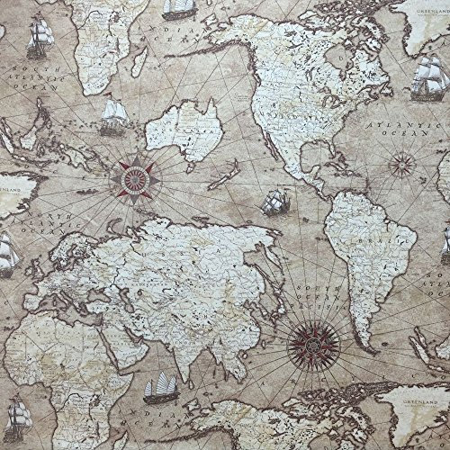Baumwollstoff Panama Designer, Leinenoptik, Motiv: Alte Weltkarte - für Gardinen, Jalousien und weiche Polstermöbel, Breite 137,2 cm – Meterware
