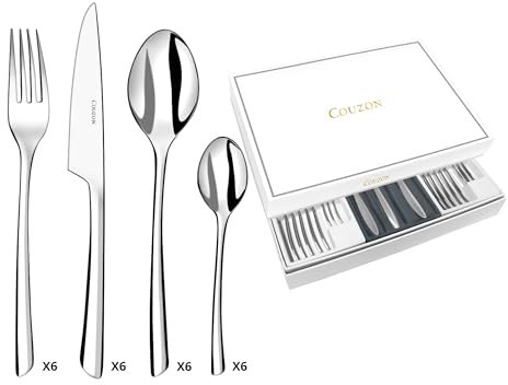 COUZON - Ménagère 24 couverts de table en coffret pour 6 personnes - J'aiGoûté - Acier inoxydable 18/10, Finition Miroir, Epaisseur 4 mm - Inox