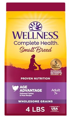Wellness Complete Health Age Advantage Small Breed Senior Dry Dog Food, Wholesome Grain Kibble, Natural, Turkey and Peas Recipe, 4 lb Bag