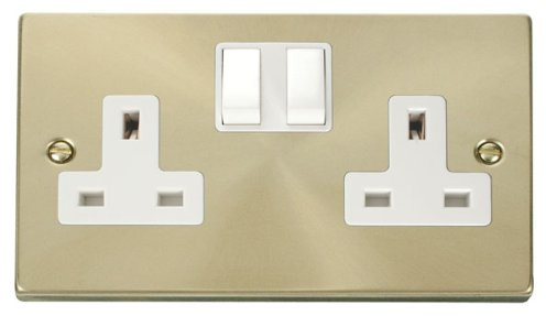 Victorian Satin Brass 2 Gang Socket - White Insert