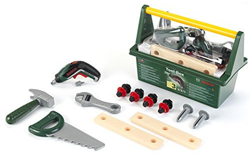 Theo Klein 8345 Cassetta degli attrezzi Bosch, Con trapano avvitatore cordless Ixolino a batteria e numerosi accessori tra cui martello, sega e tanti altri. I Dimensioni: 31 x 16,5 x 22,5 cm, Giocattoli per bambini dai 3 anni in su