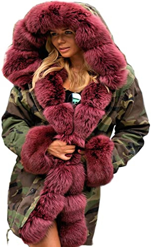 Roiii® Damen Verdicken warme Wintermantel Kapuze Parka Overcoat Long Jacket Outwear Klein Camo Wein